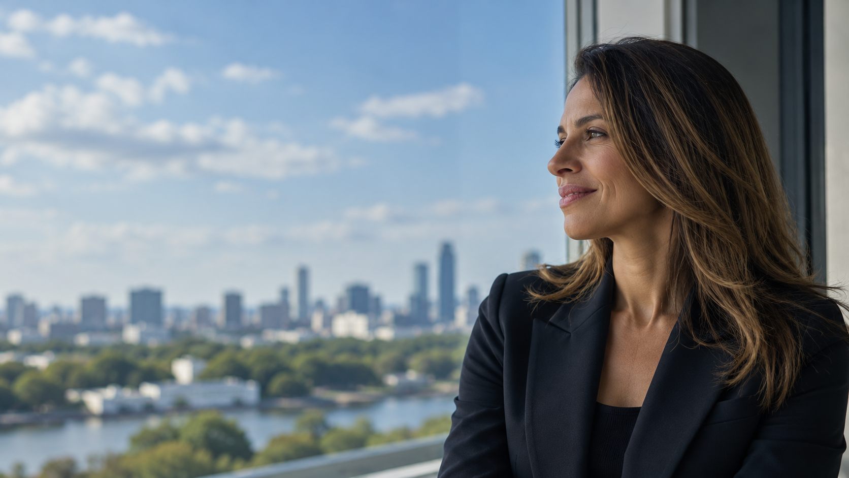 Una profesional con blazer oscuro mira la ciudad desde una ventana.